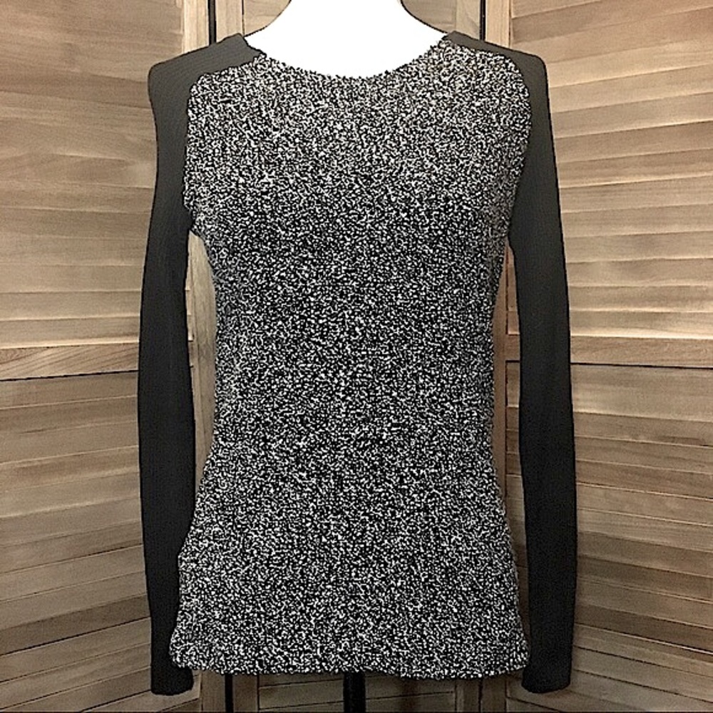 LOFT Black and White Textured Top with Ribbed Knit Long Sleeves, XS, NWT